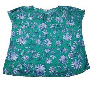 Loft Plus Green Blue Floral Top Boat Neck Short Sleeve Peasant Blouse Size 20 22